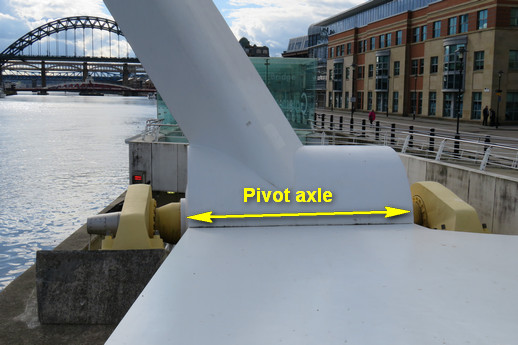 Pivot axle on one side of the Gateshead Millenium Bridge